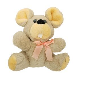 YDC Mouse Beige Plush Vintage 1989 Pink Bow Front Teeth Stuffed Animal Toy